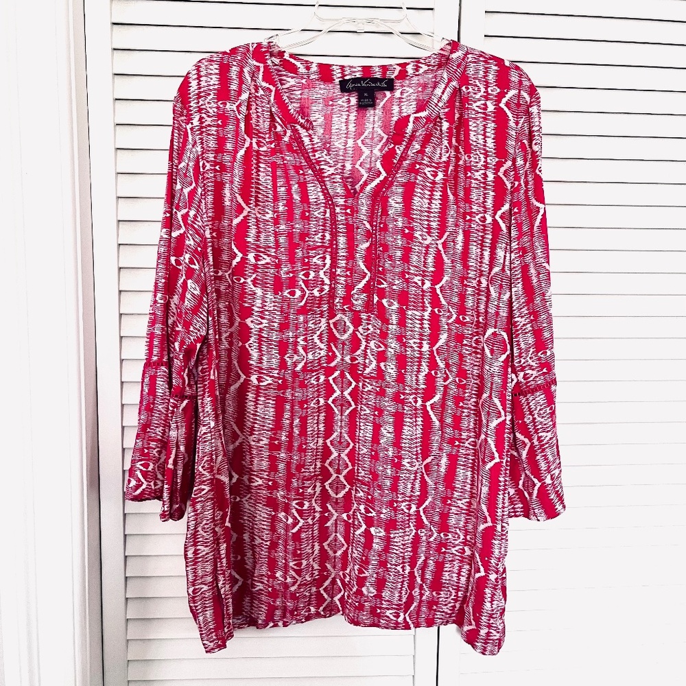 Gloria Vanderbilt pin white ikat viscose summer blouse tunic XL